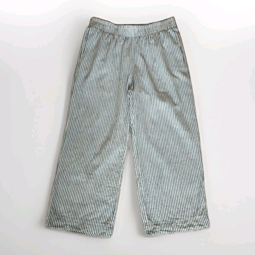 Old Navy PullOn Pants Womens L Blue Striped High Rise Wide Leg LinenBlend Pocket